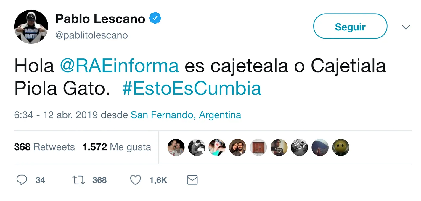 Tweet de Pablo Lescano preguntándole a la RAE si se escribe cajeteala o cajetiala