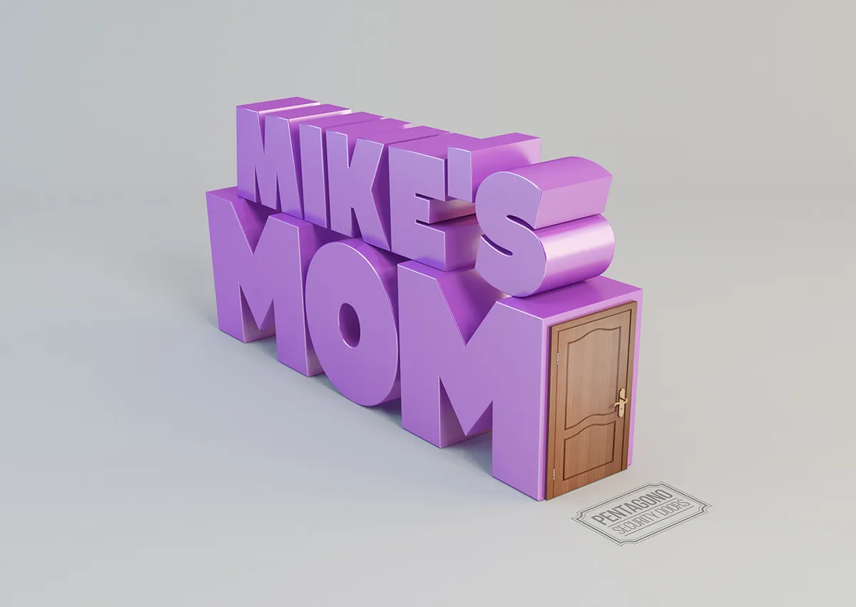 Escultura tipográfica violeta que dice «Mike's mom» con una puerta de madera