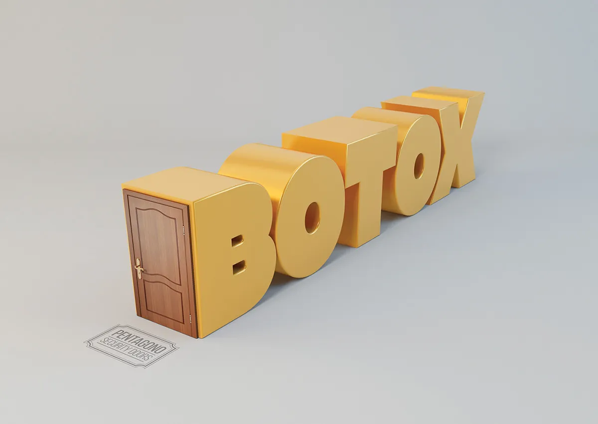 Escultura tipográfica dorada que dice «Botox» con una puerta de madera