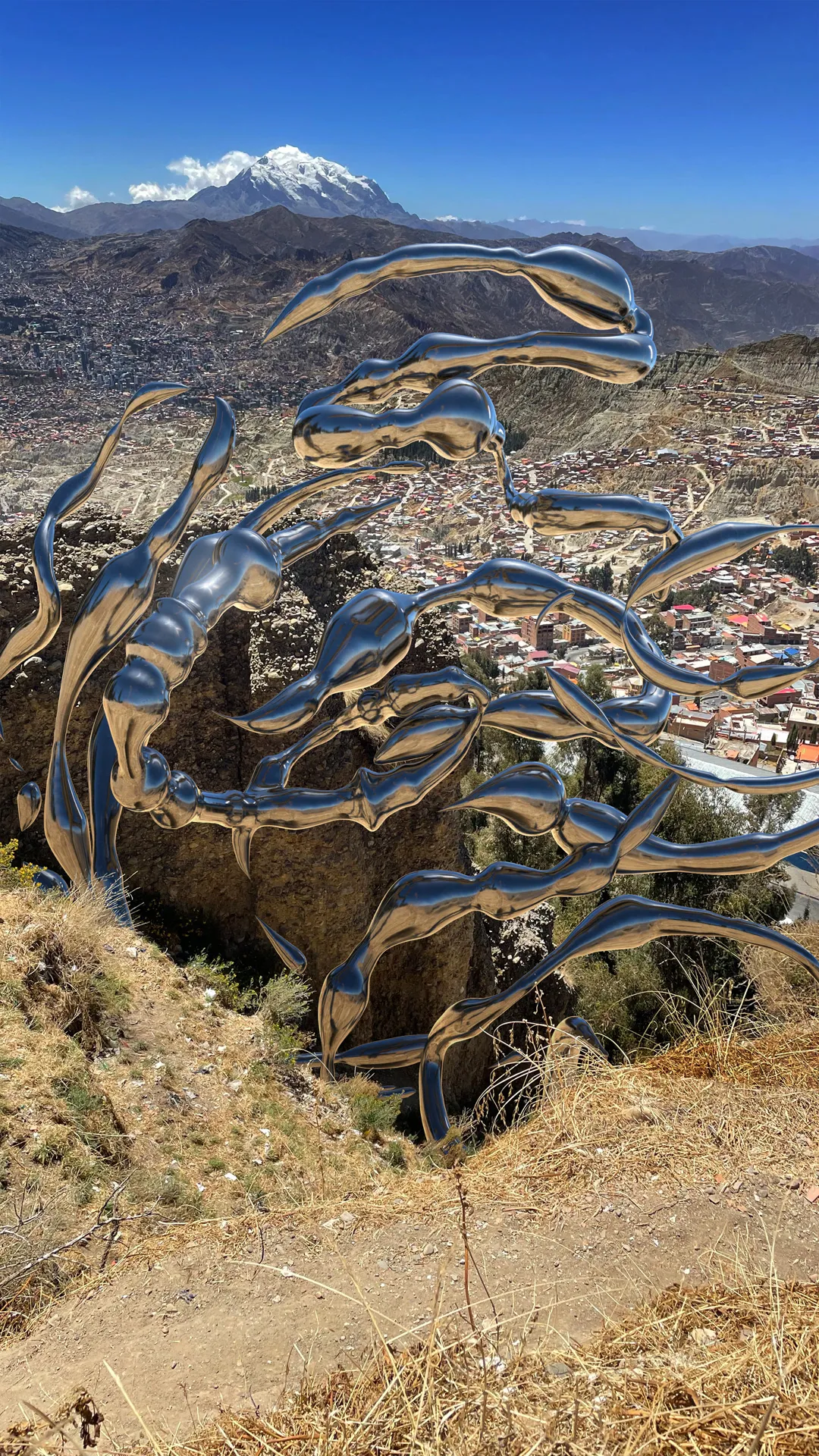 Escultura cromada 3D de tentáculos sobre un cerro con vista a La Paz y el Illimani