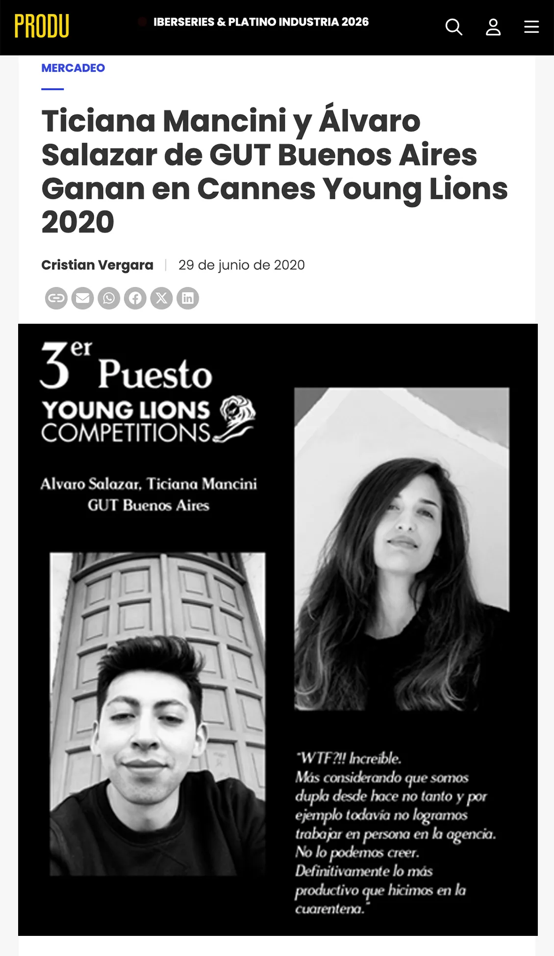 Nota de Produ: Ticiana Mancini y Álvaro Salazar, de Gut Buenos Aires, ganan en Cannes Young Lions 2020