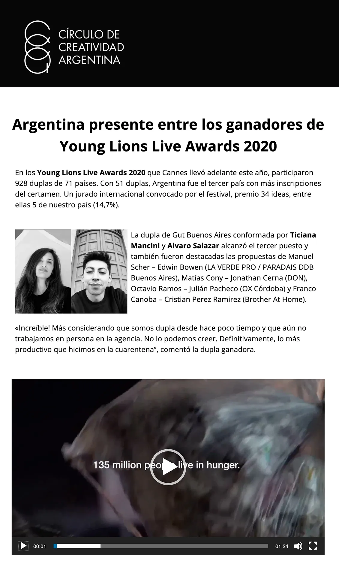 Nota del Círculo de Creatividad Argentina: Argentina entre los ganadores de Young Lions Live Awards 2020