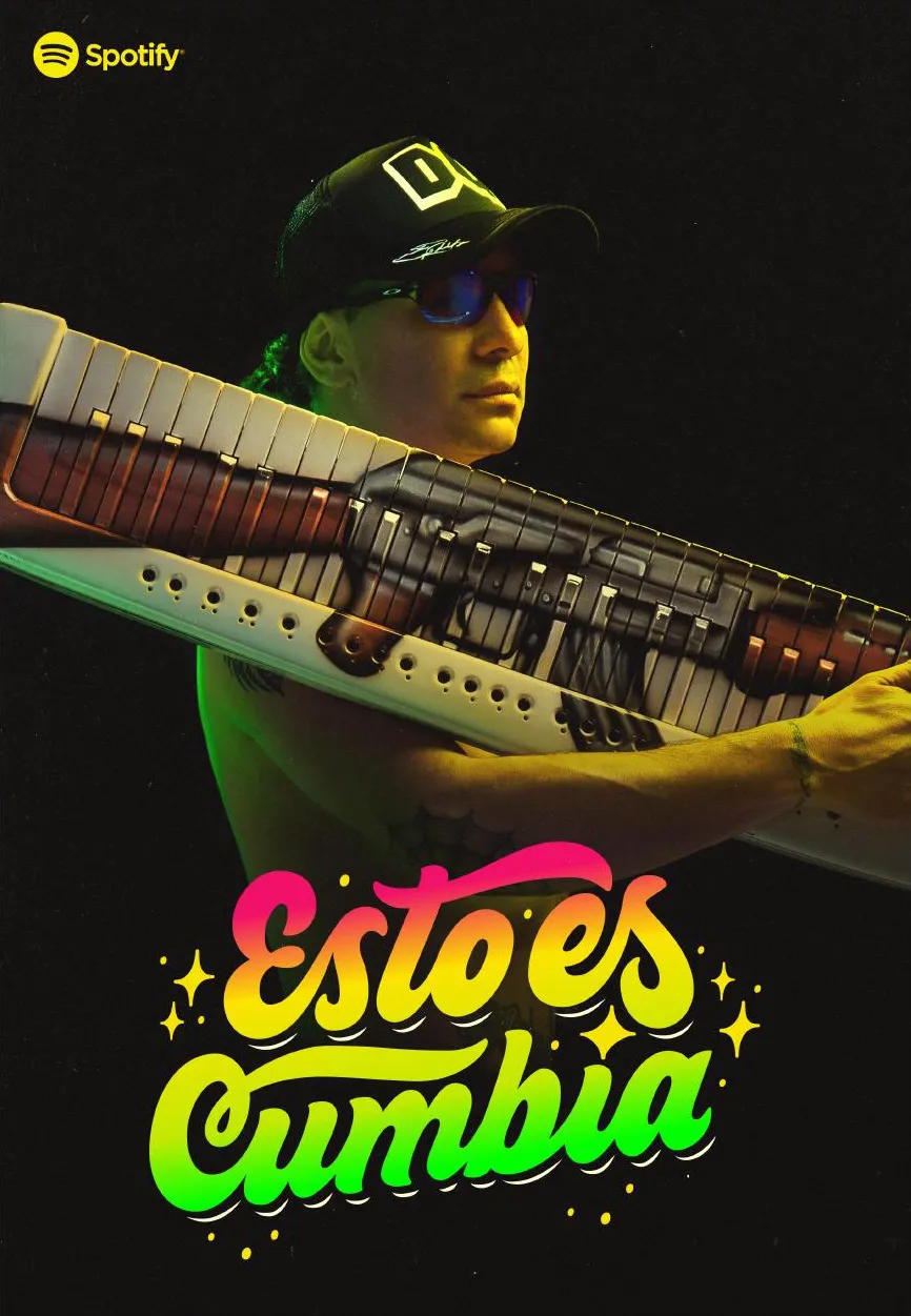 Pieza gráfica de la campaña: Pablito Lescano con el teclado y el logo Esto es Cumbia
