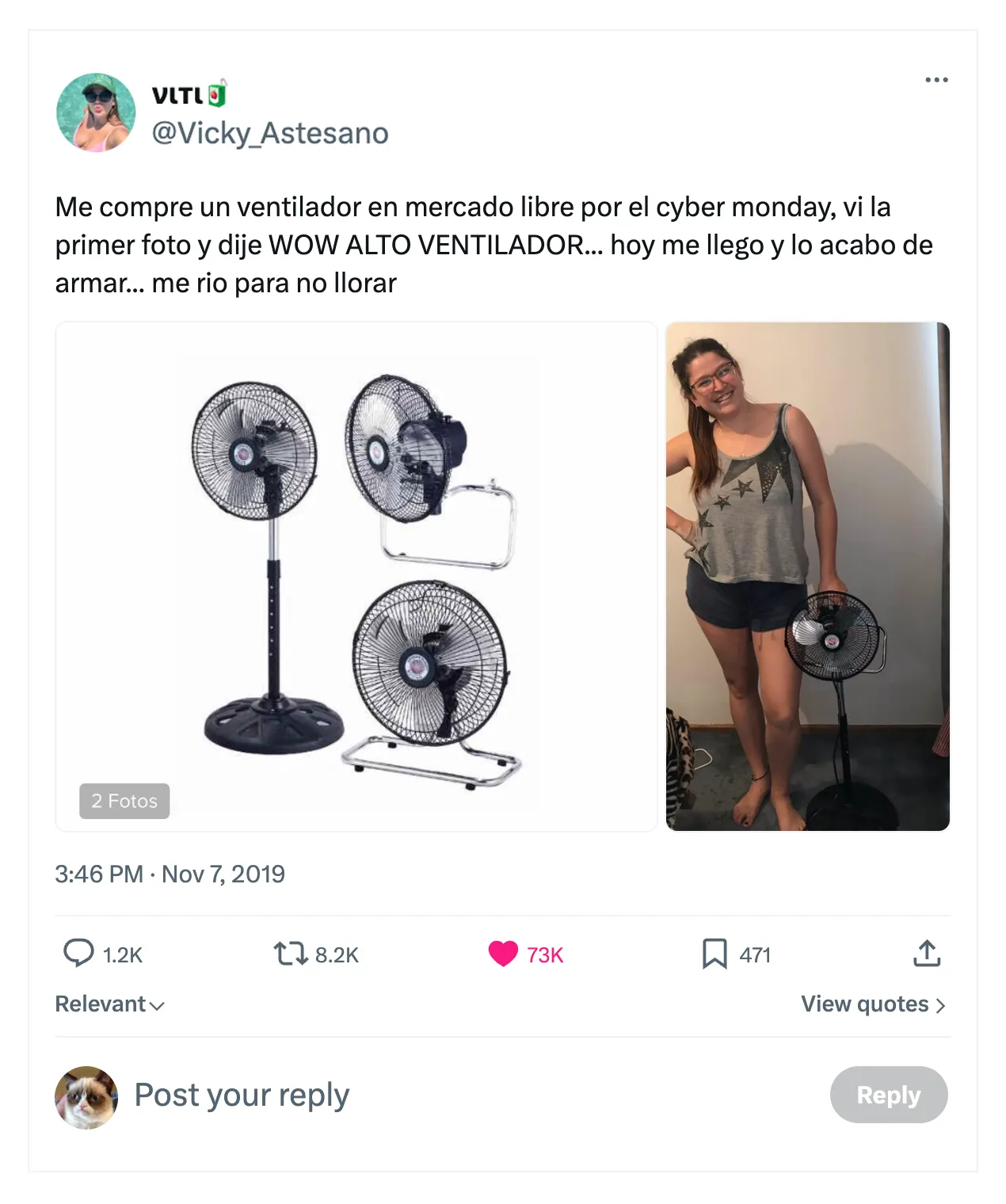 Tweet de @Vicky_Astesano: el ventilador comprado en Cyber Monday que se volvió meme