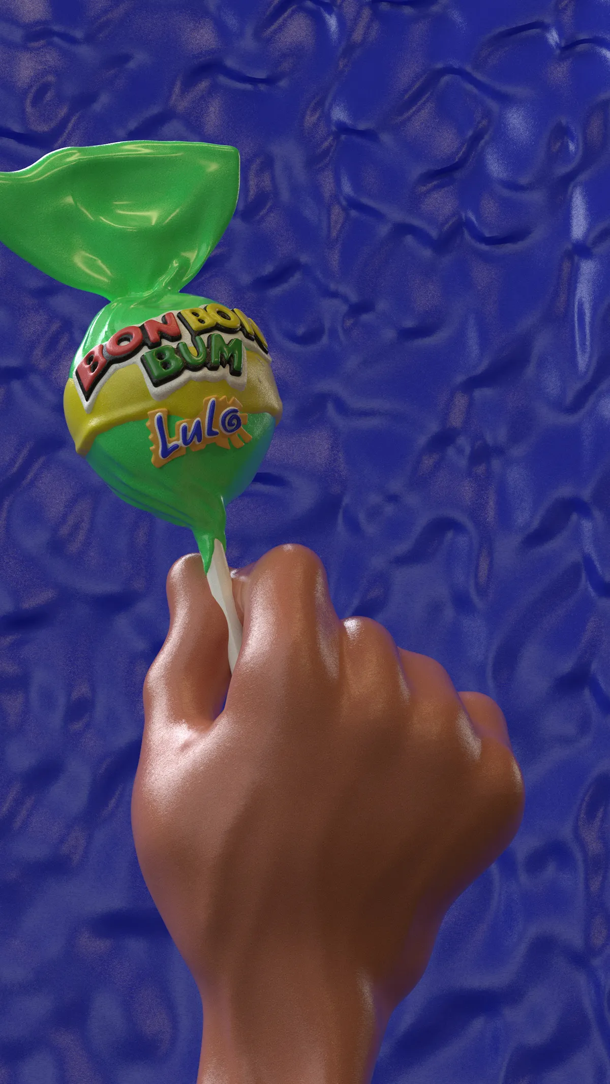 Escultura 3D: una mano sostiene un chupetín Bon Bon Bum de lulo sobre un fondo azul ondulado