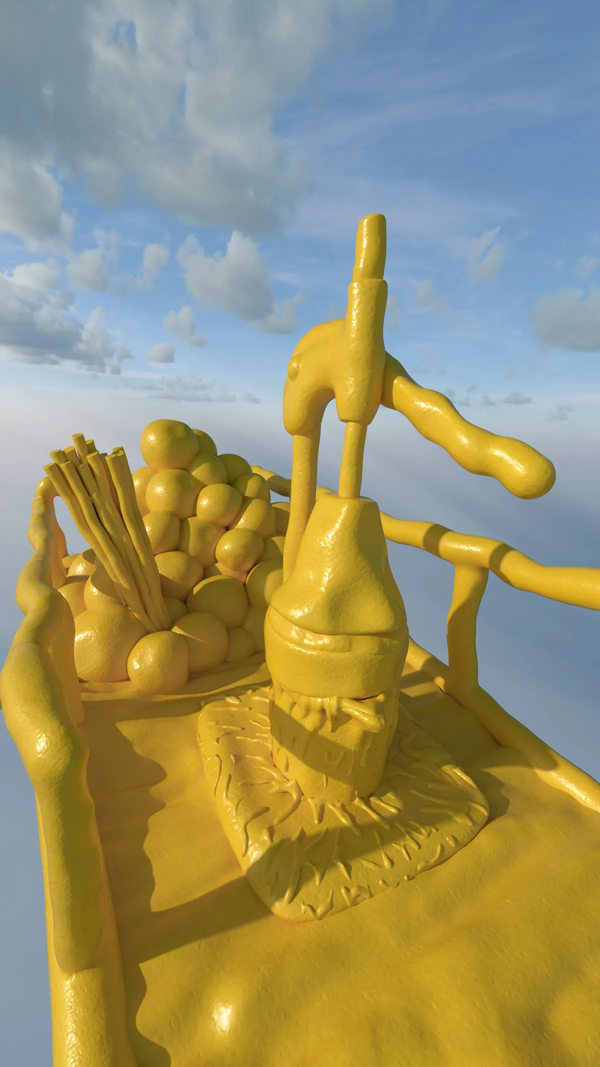 Escultura 3D amarilla: un carrito de jugo de naranja con exprimidor flotando entre nubes